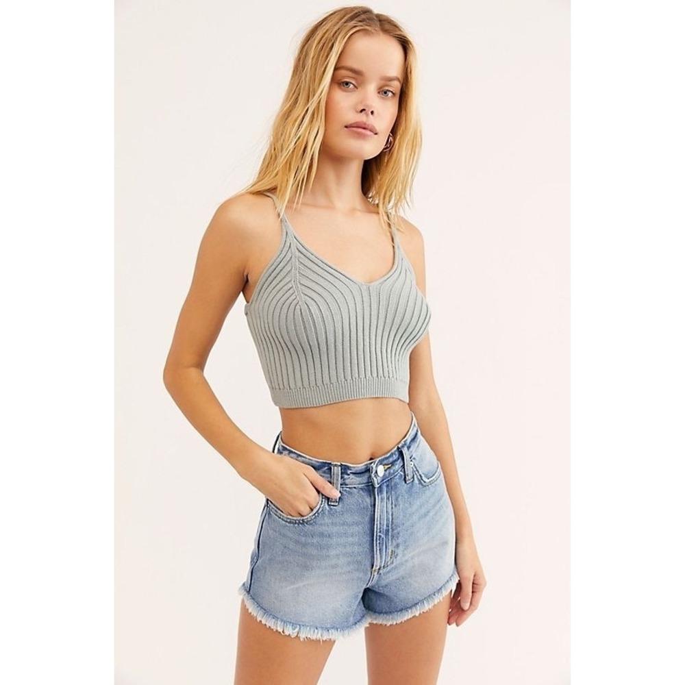 Free People M Ribbed Knit Bralette Corset Cami Crop Top Sage Green